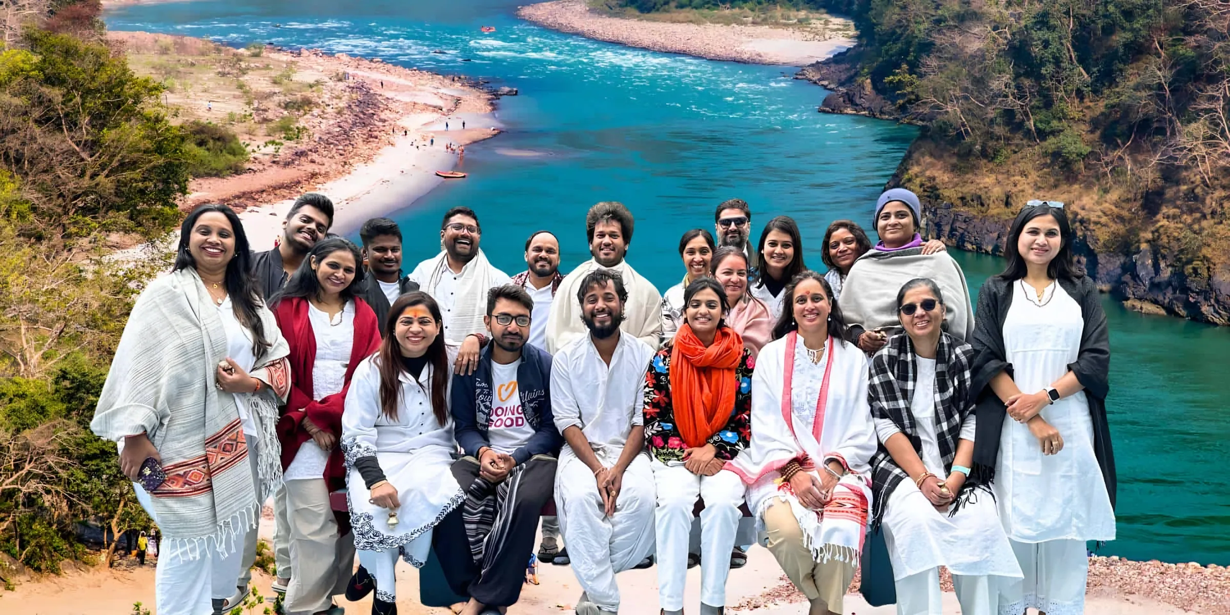 A Yoga Kiran group on the banks of the Ganga